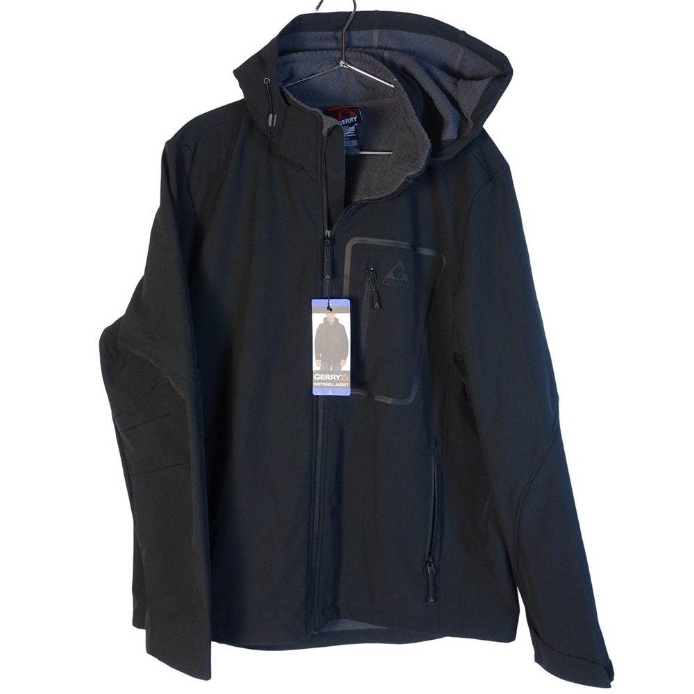 GERRY Hooded Softshell Jacket Men Large Black Water Resistant Full Zip Outdoor